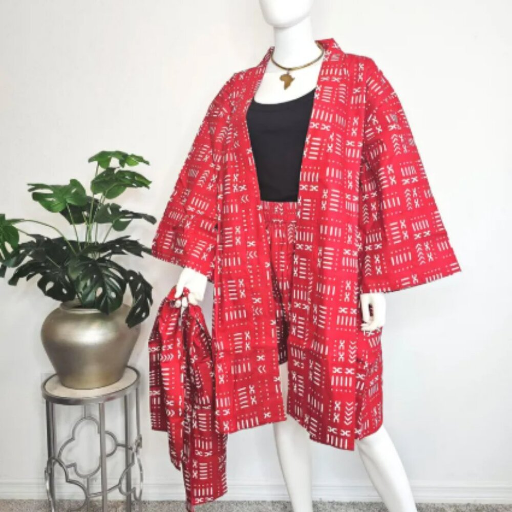 African Print Kimono Duster Set: Wide Leg Shorts, Belt & Headwrap